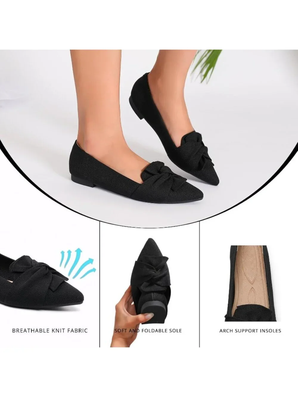 Womens All Black Comfortable Pointed Toe Knit Foldable Slip On Ballet Flat Shoes